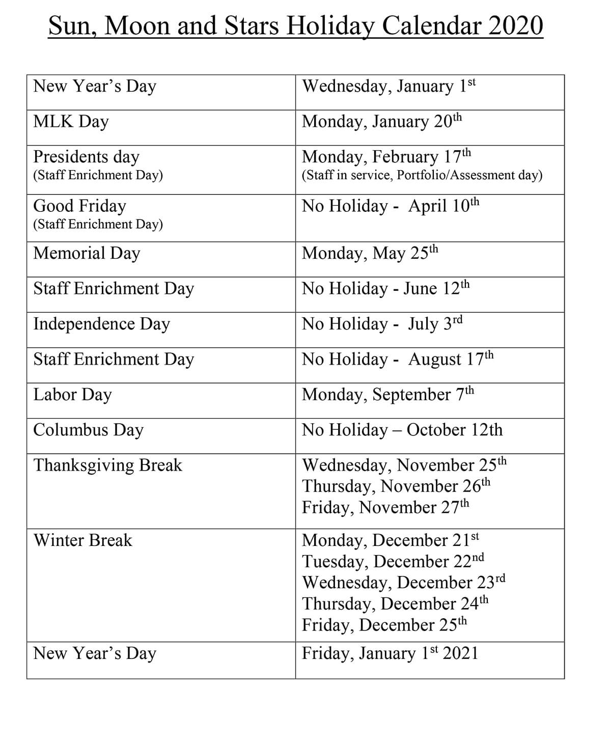 List of Holidays - Sun Moon & Stars Learning Center | Austin TX Sun ...